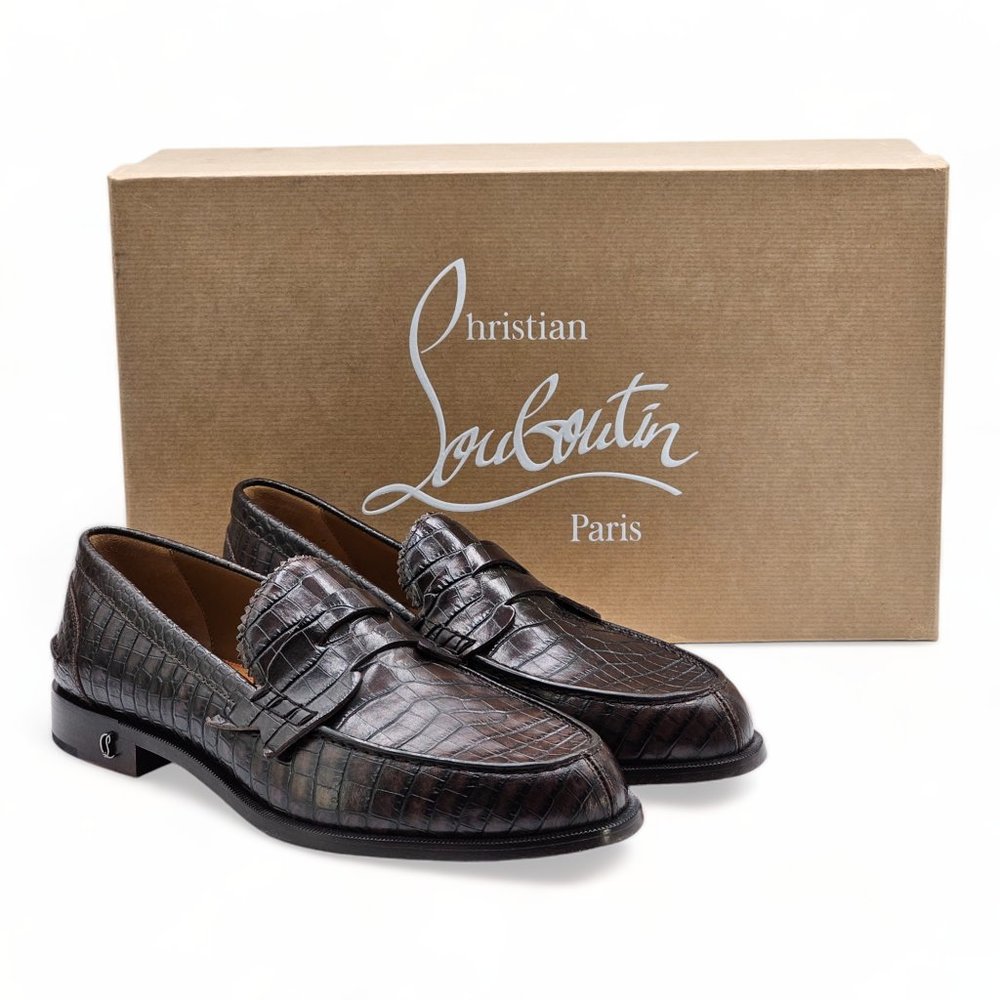 Christian Louboutin Croc Effect Leather Loafers Brown 41.5 - Picture 2 of 8
